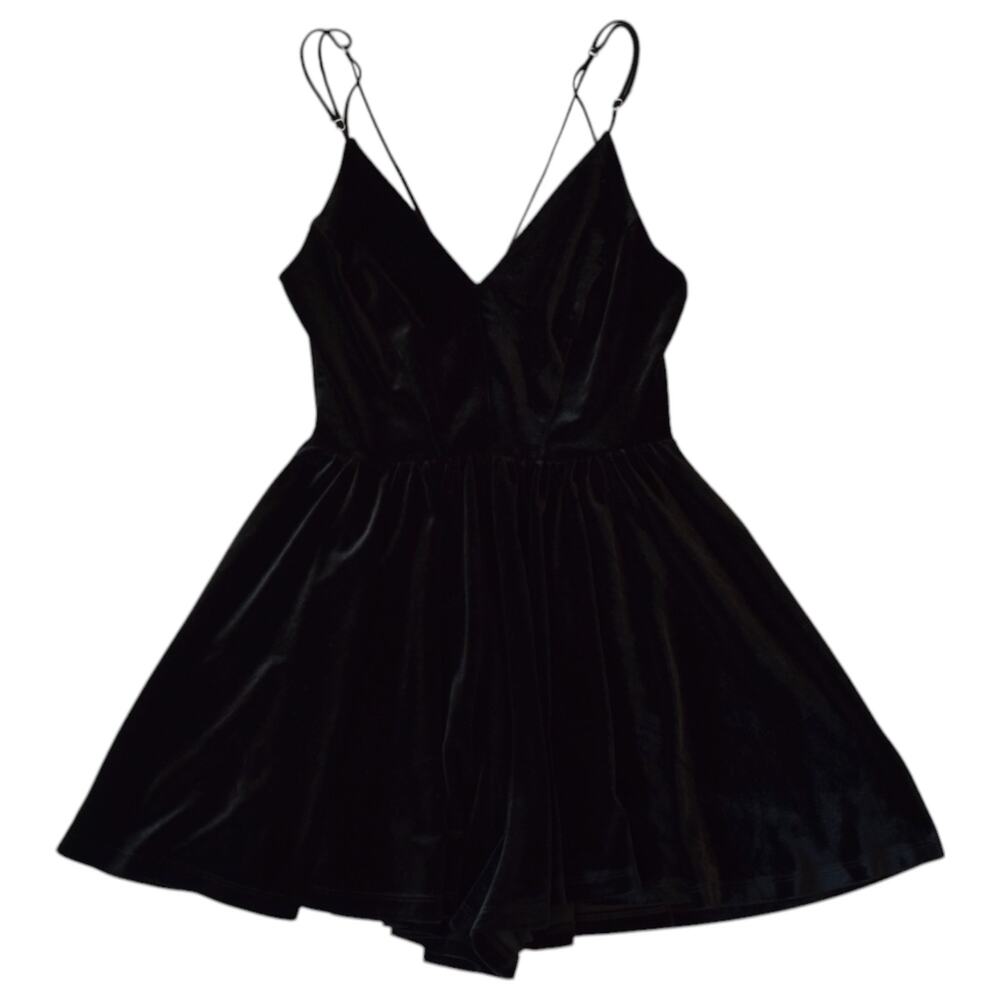 Silence + Noise Black Velvet Strappy Back Fit & Flare Mini Romper Size Small